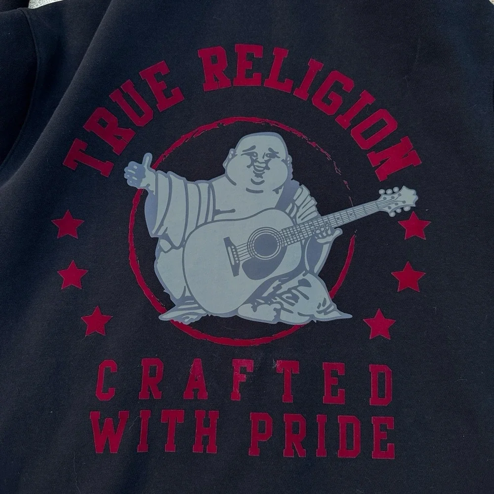 True Religion Hoodie Mens Size M Black Full Zip Horseshoe Logo Sweatshirt Casual